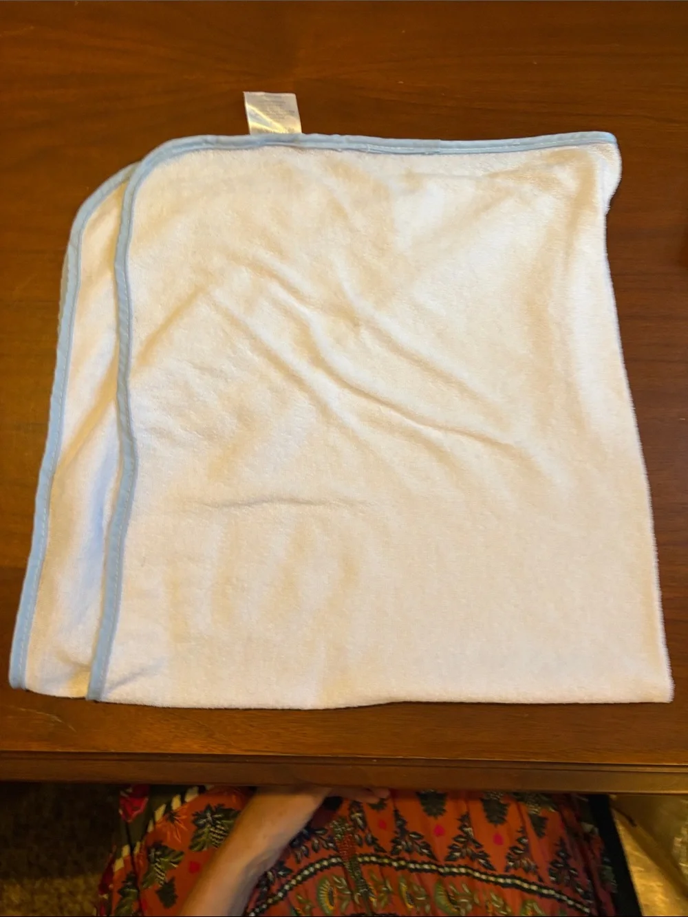 Hooded Baby Towel with Hippo Embroidery - White with Light Blue Trim